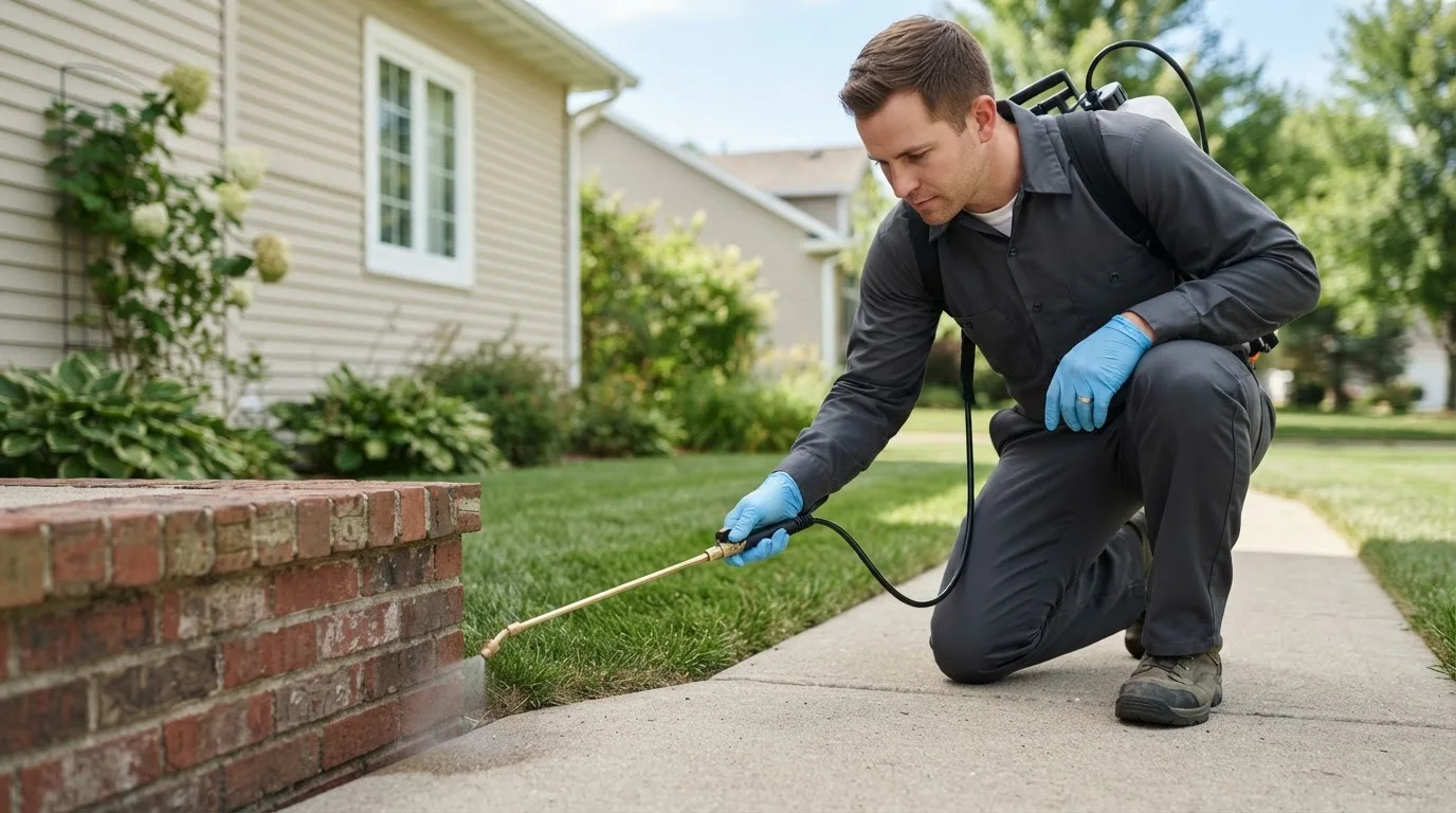 Pest control technician treating a home near Farmersville, OH