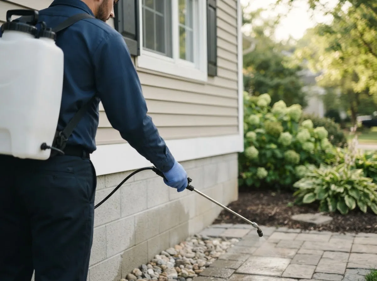 Pest control technician inspecting a home in Farmersville, OH
